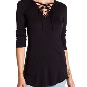 Splendid Black 3/4 Sleeve Lace Up Top